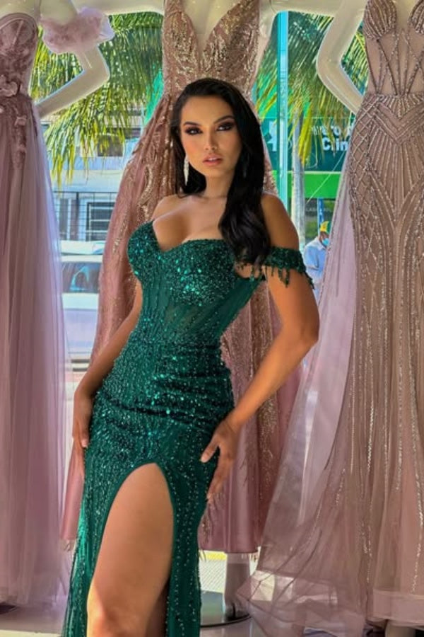 WU1057 - Luxury & Gorgeous Sheath Off Shoulder Sleeveless Fully Sequins Prom Party Dress Tule Pleated Floor Length High Side Slit and Train Evening Gown Cocktail Dress