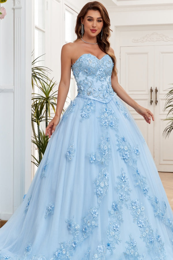 WQ1264 - Chic & Modern Ball Gown Strapless Sleeveless Flower Appliques Lace Up Baby Blue Tulle Formal Evening Party Gown Quinceanera Dress for Sweet 16