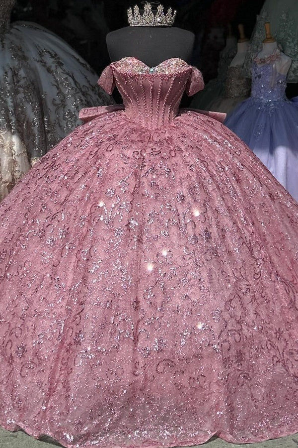 Off Shoulder Sleeveless Beaded Crystal Fully Sequins Pink Quinceanera Dress WQ1364
