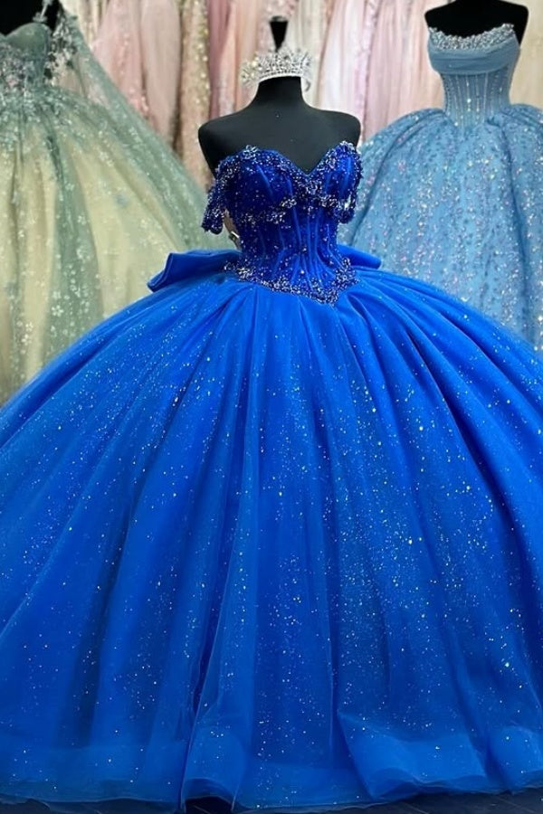 Off Shoulder Sleeveless Beaded Bow Knot Royal Blue Quinceanera Dress WQ1372