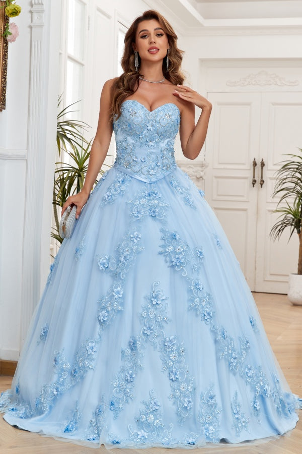 WQ1264 - Chic & Modern Ball Gown Strapless Sleeveless Flower Appliques Lace Up Baby Blue Tulle Formal Evening Party Gown Quinceanera Dress for Sweet 16