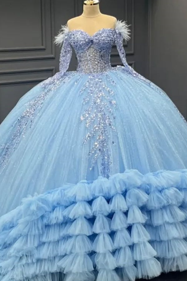WQ1327 - Vestido de quinceañera de tul azul brillante con hombros descubiertos, mangas largas, lentejuelas, cuentas, plumas, volantes, capas, cordones, fiesta de cumpleaños para dulces 16