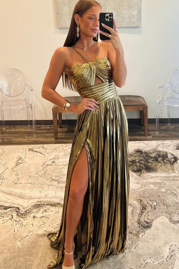 WU1020 - Einzigartiges A-Linien-Kleid, trägerlos, Neckholder, ärmellos, plissierter Reißverschluss auf der Rückseite, hoher Seitenschlitz und Schleppe, bodenlanges Party-Ballkleid, Hochzeitsgastkleid, Abendkleid