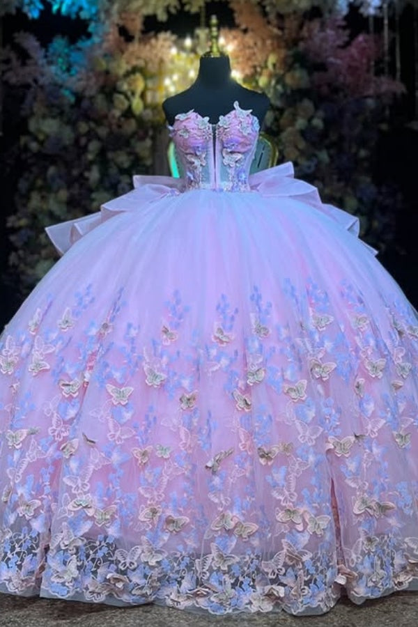 Langes Quinceanera-Kleid mit Herzausschnitt für Damen, trägerloses Korsett mit Blumenapplikationen, Perlenbesetztes Tüll-Ballkleid 
