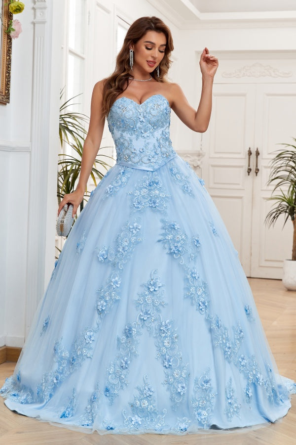 WQ1264 - Chic & Modern Ball Gown Strapless Sleeveless Flower Appliques Lace Up Baby Blue Tulle Formal Evening Party Gown Quinceanera Dress for Sweet 16