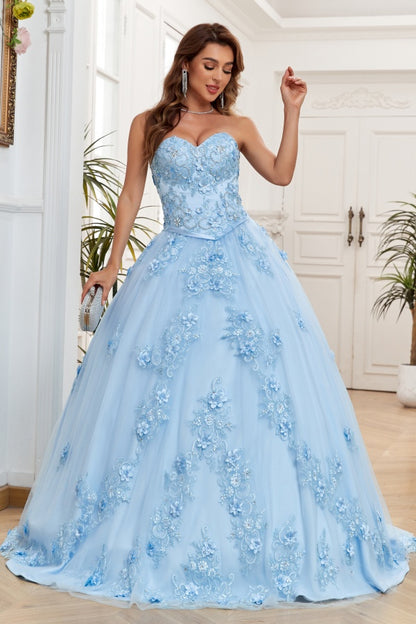 WQ1264 - Chic & Modern Ball Gown Strapless Sleeveless Flower Appliques Lace Up Baby Blue Tulle Formal Evening Party Gown Quinceanera Dress for Sweet 16