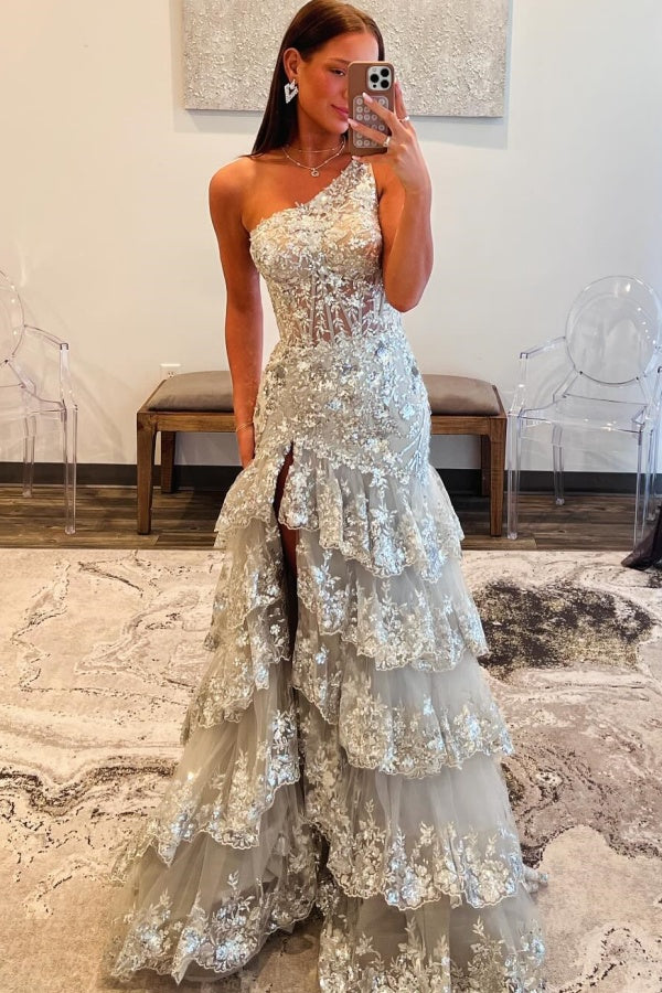 Mermaid One Shoulder Sequins Lace Appliques Tiered High Side Slit and Train Prom Dress WU1319
