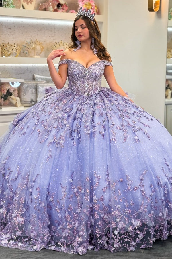 Langes Quinceanera-Kleid mit Herzausschnitt für Damen, trägerloses Korsett mit Blumenapplikationen, Perlenbesetztes Tüll-Ballkleid 