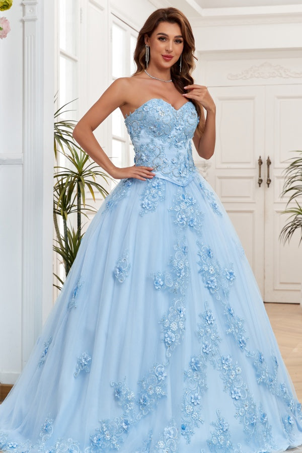 WQ1264 - Chic & Modern Ball Gown Strapless Sleeveless Flower Appliques Lace Up Baby Blue Tulle Formal Evening Party Gown Quinceanera Dress for Sweet 16