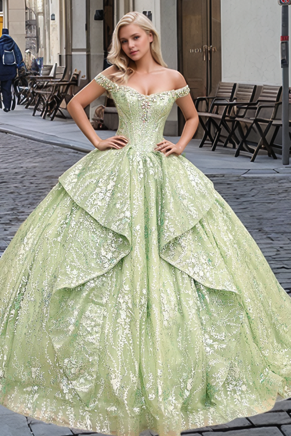 WQ1299 - Glamorous Ball Gown Off SHoulder Sleeveless Beaded Tiered Ruffles Silver Flowers Appliques Green Tulle Quinceanera Dress Evening Formal Gown for Sweet 16