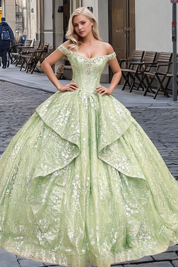 Langes Quinceanera-Kleid mit Herzausschnitt für Damen, trägerloses Korsett mit Blumenapplikationen, Perlenbesetztes Tüll-Ballkleid 