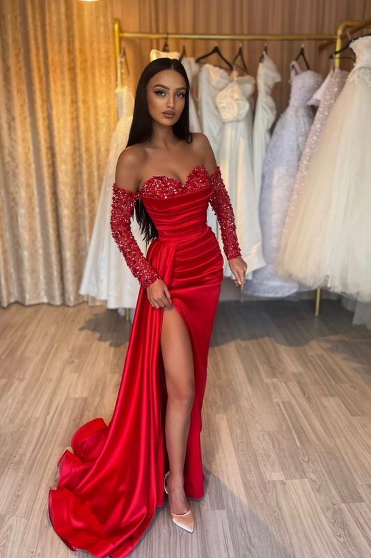 WU1058 - Sexy Sheath Off Shoulder Long Sleeveless Floor Length Formal Prom Dress Red Sequins Pleated High Side Slit Evening Party Gown Wedding Guest Dress