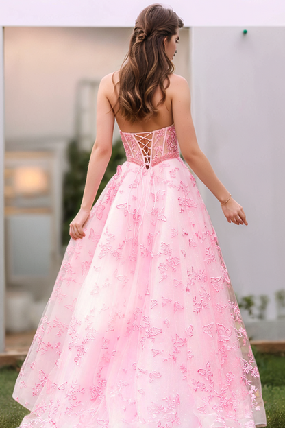 WU1143 - Luxury A-Line Strapless Sleeveless Fully 3D Butterfly Appliques Beaded Formal Prom Dress High Side Slit Lace Up Evening Party Dress Cocktail Dress