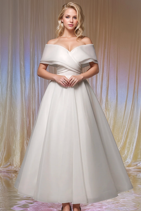 A-Line Off Shoulder Sleeveless Pleated Lace Up Ankle Length Wedding Dress WW1036