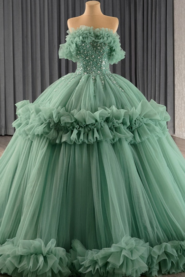 Langes Quinceanera-Kleid mit Herzausschnitt für Damen, trägerloses Korsett mit Blumenapplikationen, Perlenbesetztes Tüll-Ballkleid 