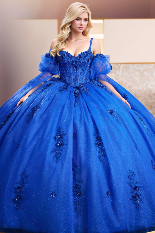 WQ1273 - Elegante y hermoso vestido de quinceañera de tul azul real con escote corazón, tirantes finos, mangas cortas desmontables, apliques de cuentas y capas, vestido de fiesta de noche para dulces 16