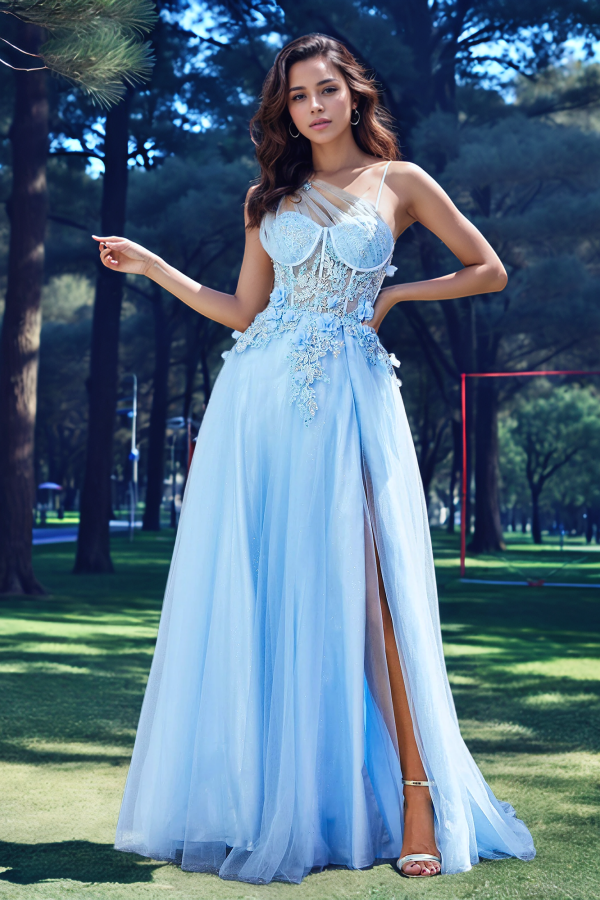 WU1122 - Schickes und modernes A-Linien-Kleid mit einer Schulter, ärmellos, Applikationen, Ballkleid, Tüll, hohem Seitenschlitz, überkreuzten Trägern, Abendkleid