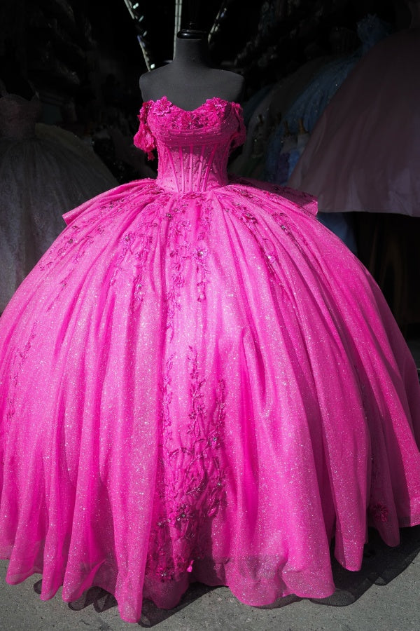 Off Shoulder Sleeveless Beaded Appliques Fuchsia Quinceanera Dress WQ1363