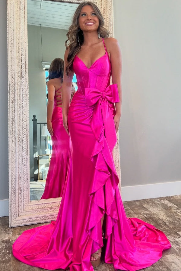 WU1023 - Sexy &amp; Heißes Etuikleid, trägerlos, ärmellos, plissiert, Schleife, Knoten, Rüschen, überkreuzte Träger, offener Rücken, Seitenschlitz, bodenlanges Ballkleid, Abendkleid, Partykleid