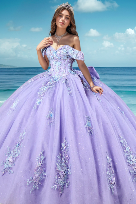 WQ1263 - Cute & Glitter Ball Gown Off Shoulder Sleeveless Appliques Bow Knot Purple Tulle Formal Evening Party Dress Quinceanera Dress for Sweet 16