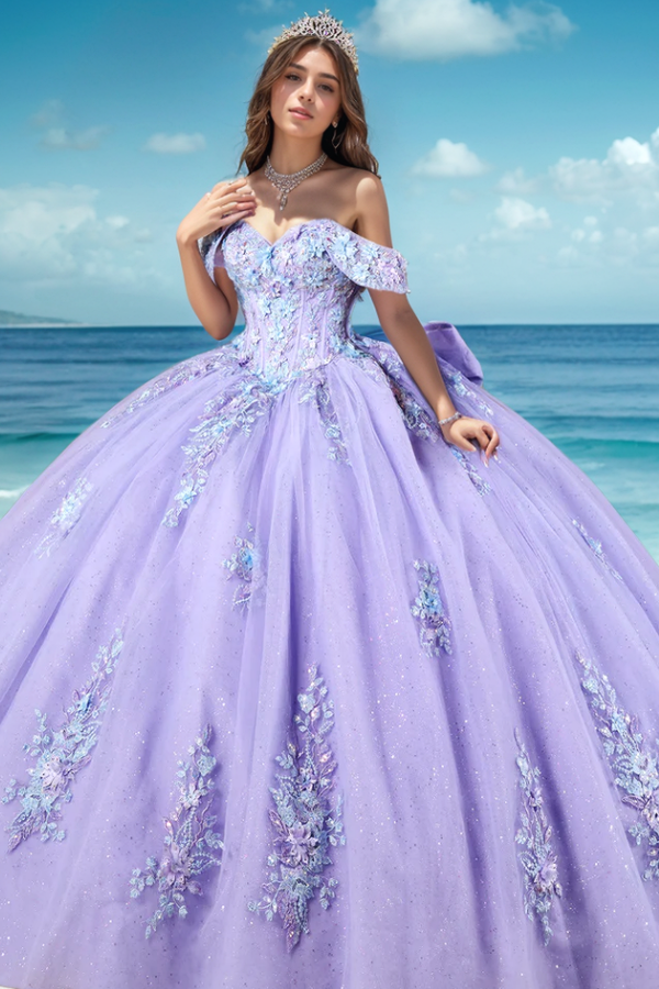 Off Shoulder Sleeveless Appliques Bow Knot Purple Quinceanera Dress for Sweet 16 WQ1263