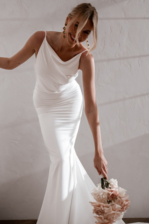 Mermaid Scoop Neck Spaghetti Straps Open Back Buttons Satin Wedding Dress WW1061