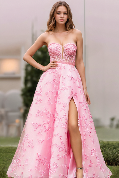 WU1143 - Luxury A-Line Strapless Sleeveless Fully 3D Butterfly Appliques Beaded Formal Prom Dress High Side Slit Lace Up Evening Party Dress Cocktail Dress