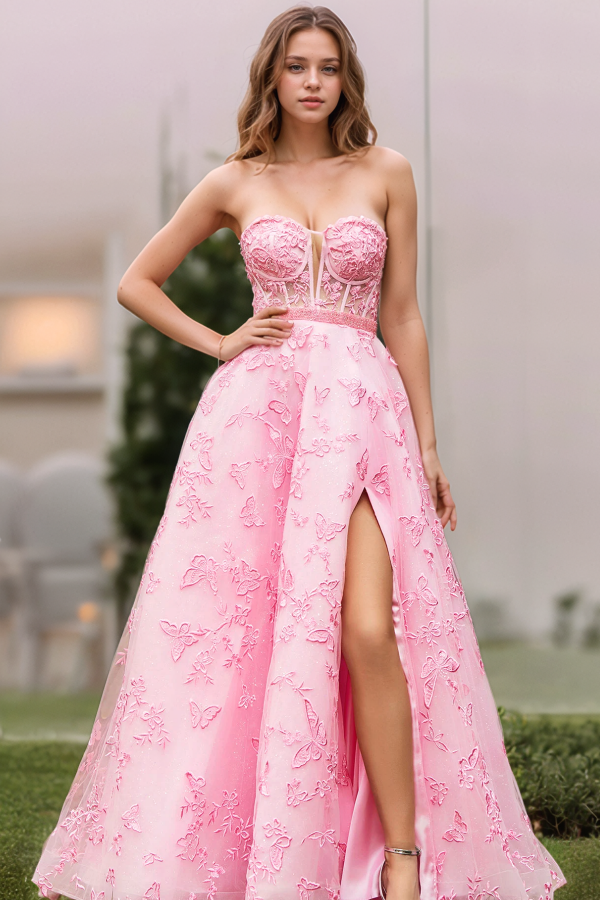 A-Line 3D Butterfly Appliques Beaded High Side Slit Lace Up Prom Dress WU1143