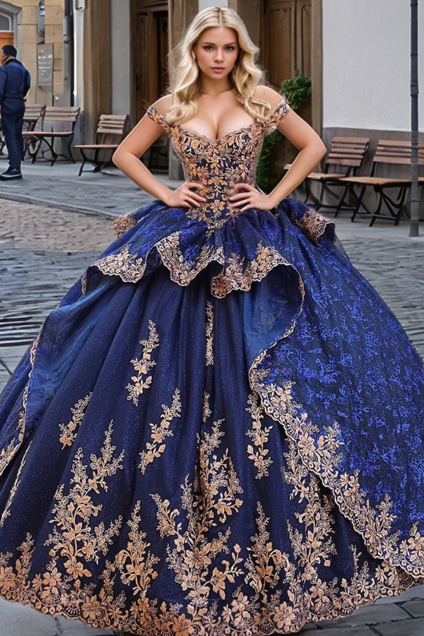 WQ1298 - Classic & Eleant Ball Gown Off Shoulder Sleeveless Gold Flowers Appliques Ruffles Tiered Navy Blue Tulle Quinceanera Dress Formal Evening Party Dress Cocktail Dress for Sweet 16