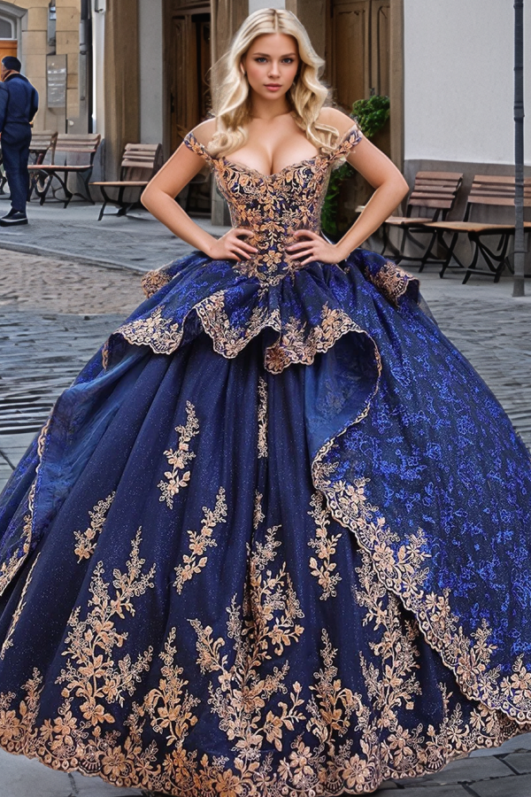 Langes Quinceanera-Kleid mit Herzausschnitt für Damen, trägerloses Korsett mit Blumenapplikationen, Perlenbesetztes Tüll-Ballkleid 