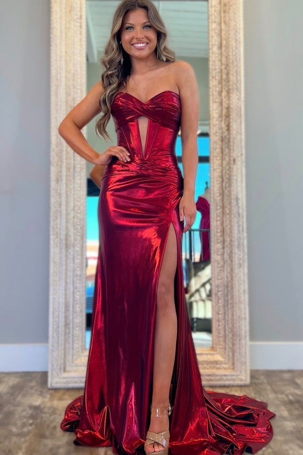 WU1130 - Wunderschönes schulterfreies ärmelloses Ball- und Partykleid mit Pailletten, hohem Seitenschlitz und Schleppe, Abendkleid, Cocktailkleid