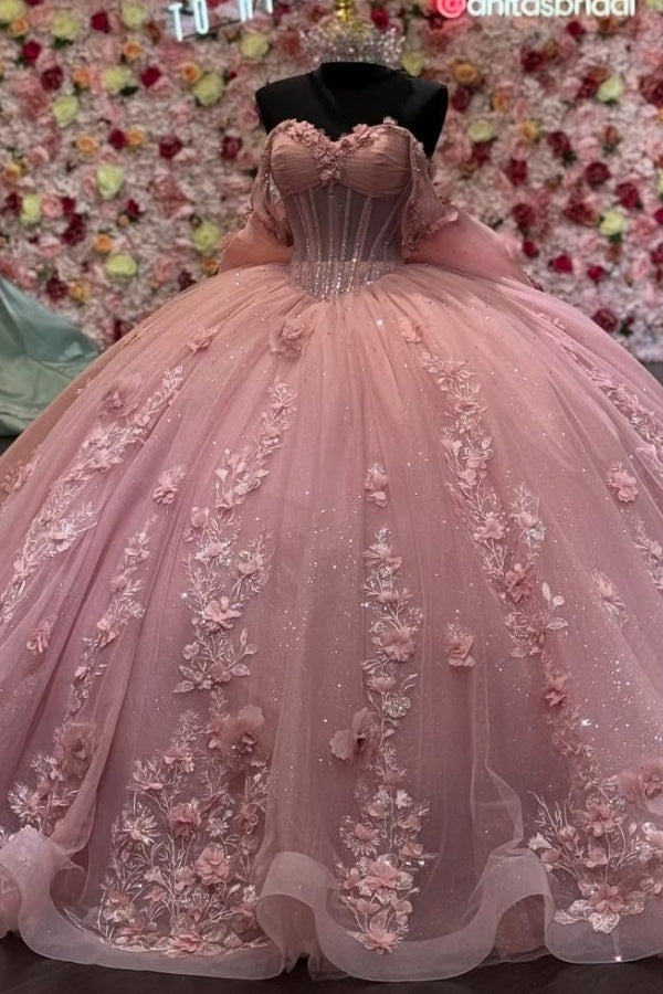Off Shoulder Sleeveless 3D Flowers Applique Bow Knot Pink Quinceanera Dress WQ1428