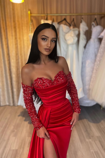 WU1058 - Sexy Sheath Off Shoulder Long Sleeveless Floor Length Formal Prom Dress Red Sequins Pleated High Side Slit Evening Party Gown Wedding Guest Dress