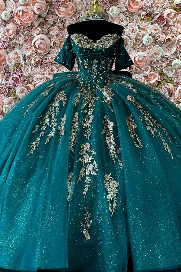 Off Shoulder Sleeveless Sequins Gold Appliques Bow Knot Dark Green Quinceanera Dress WQ1373
