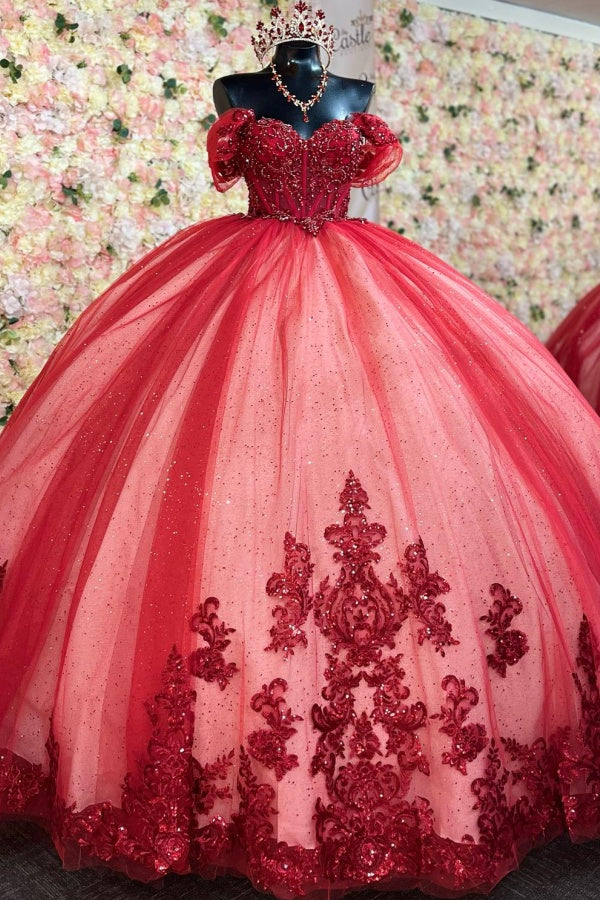 Langes Quinceanera-Kleid mit Herzausschnitt für Damen, trägerloses Korsett mit Blumenapplikationen, Perlenbesetztes Tüll-Ballkleid 