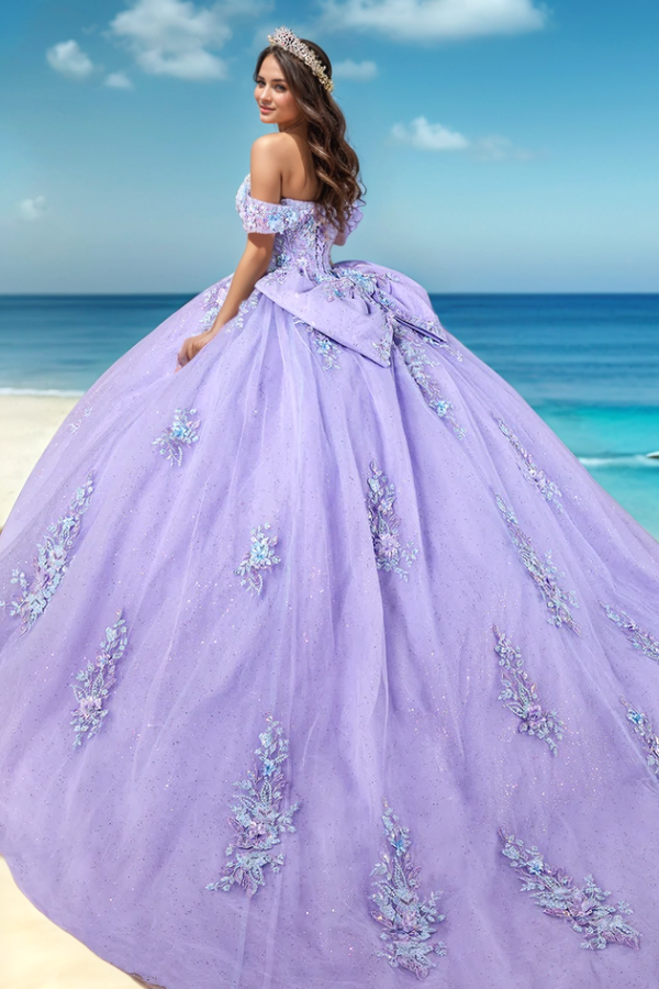 WQ1263 - Cute & Glitter Ball Gown Off Shoulder Sleeveless Appliques Bow Knot Purple Tulle Formal Evening Party Dress Quinceanera Dress for Sweet 16