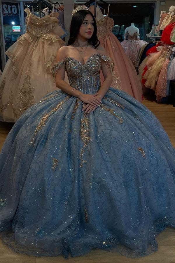 Langes Quinceanera-Kleid mit Herzausschnitt für Damen, trägerloses Korsett mit Blumenapplikationen, Perlenbesetztes Tüll-Ballkleid 