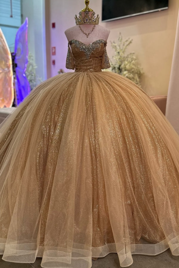 Off Shoulder Sleeveless Beaded Sparkly Champagne Quinceañera Dresses WQ1418