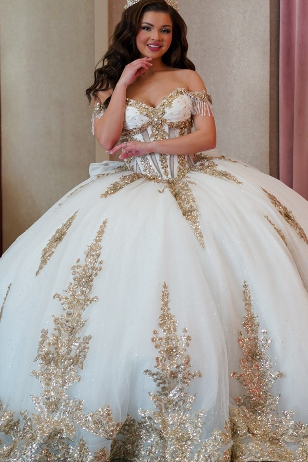 Off Shoulder Sleeveless Beaded Sequins Gold Appliques Bow Knot White Quinceanera Dress WQ1482
