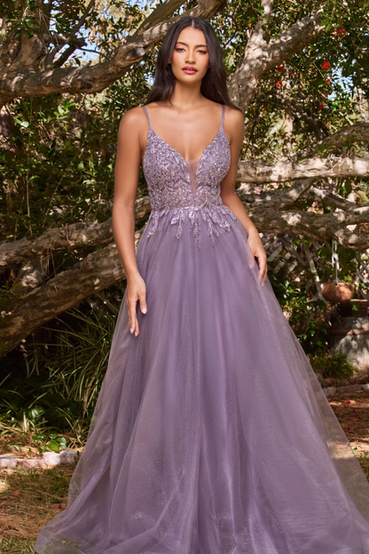 WU1093 - Elegant A-Line V Neck Spaghetti Straps Sleeveless Appliques Prom Party Gown Backless Glitter Tulle Evening Formal Gown Wedding Guest Dress