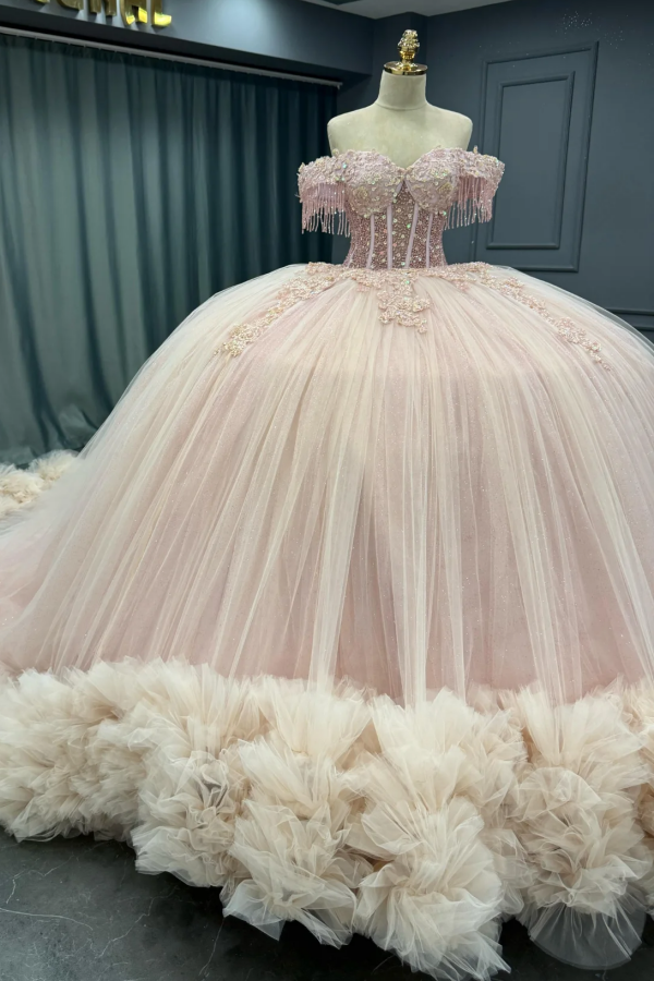 Langes Quinceanera-Kleid mit Herzausschnitt für Damen, trägerloses Korsett mit Blumenapplikationen, Perlenbesetztes Tüll-Ballkleid 