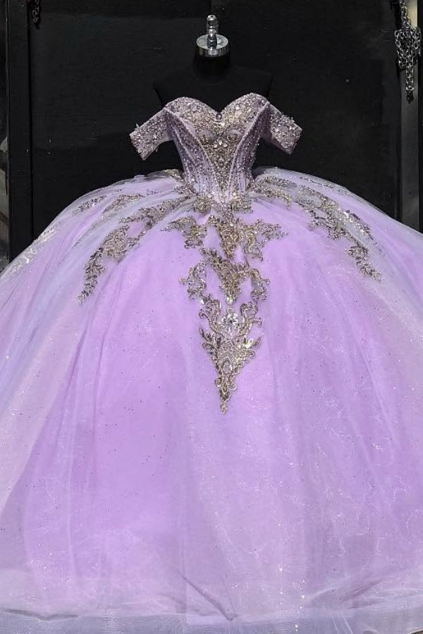 Langes Quinceanera-Kleid mit Herzausschnitt für Damen, trägerloses Korsett mit Blumenapplikationen, Perlenbesetztes Tüll-Ballkleid 