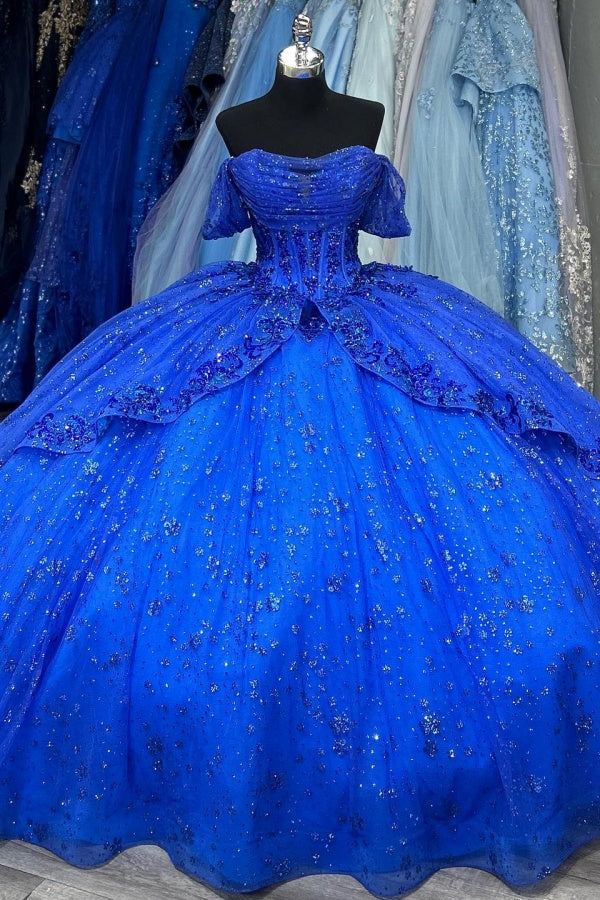 Langes Quinceanera-Kleid mit Herzausschnitt für Damen, trägerloses Korsett mit Blumenapplikationen, Perlenbesetztes Tüll-Ballkleid 
