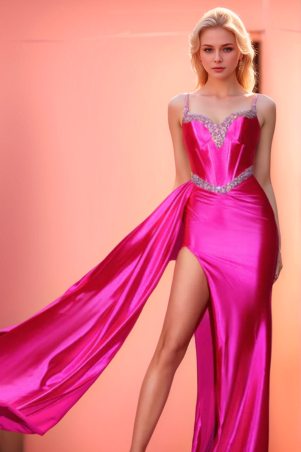 WU1133 - Gorgeous & Glamorous Sheath Strapless Spaghetti Straps Sleeveless Beaded Party Prom Dress High Side Slit and Train Pleated Evening Formal Gown