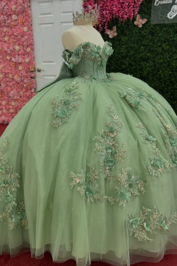 Off Shoulder Sleeveless Sequins 3D Flower Appliques Bow Knot Mint Green Quinceanera Dress for Sweet 16 WQ1388