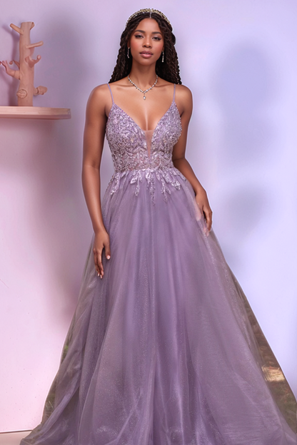 WU1093 - Elegant A-Line V Neck Spaghetti Straps Sleeveless Appliques Prom Party Gown Backless Glitter Tulle Evening Formal Gown Wedding Guest Dress