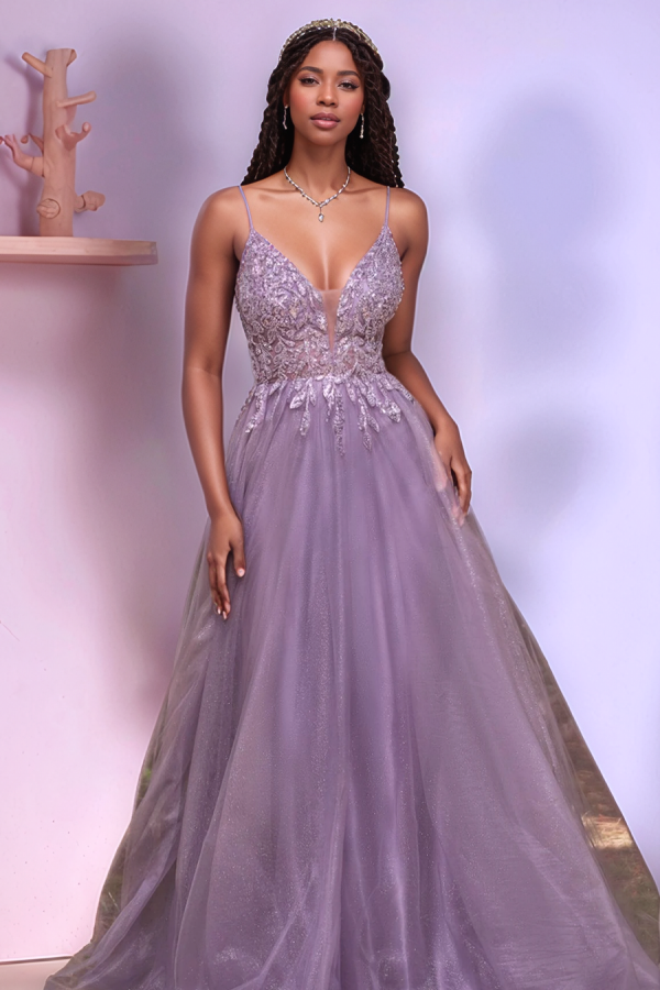 WU1093 - Elegantes A-Linien-Kleid mit V-Ausschnitt, Spaghettiträgern, ärmellos, Applikationen, Ballkleid, Partykleid, rückenfrei, glitzernder Tüll, Abendkleid, formelles Hochzeitsgastkleid