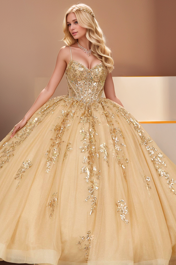 Langes Quinceanera-Kleid mit Herzausschnitt für Damen, trägerloses Korsett mit Blumenapplikationen, Perlenbesetztes Tüll-Ballkleid 