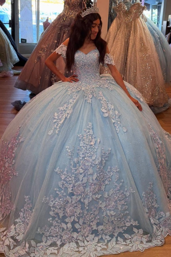 Langes Quinceanera-Kleid mit Herzausschnitt für Damen, trägerloses Korsett mit Blumenapplikationen, Perlenbesetztes Tüll-Ballkleid 