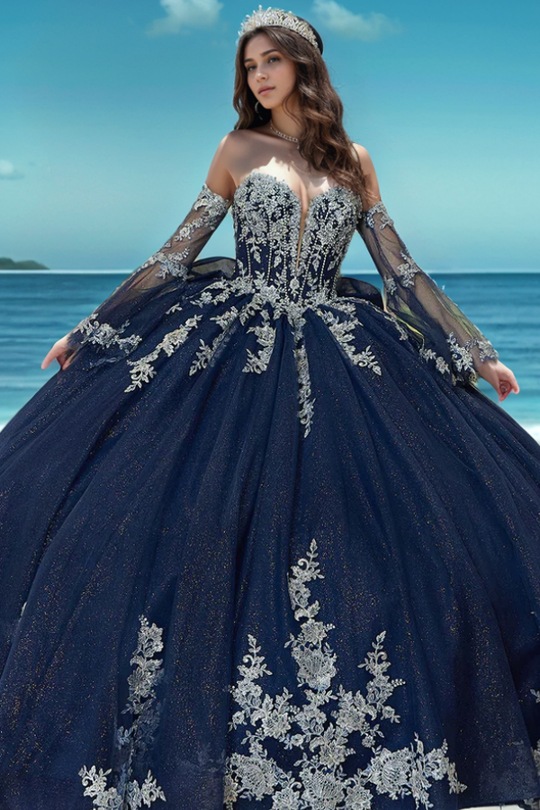 long sleeve quinceanera dresses Glitter Layered Hem Quinceanera Gown w/ Long Mesh Sleeves
